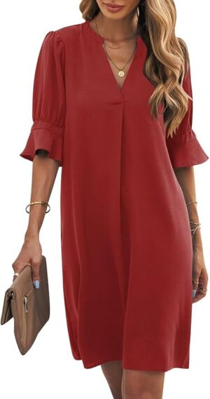 Wkior Shift Dress for Women V Neck Short Sleeves Solid Color Casual Flowy Summer Dresses