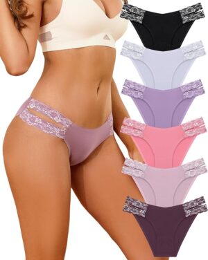 FINETOO Seamless Underwear for Women Cheeky Bikini Panties High Cut V-waist Lace Underwea
